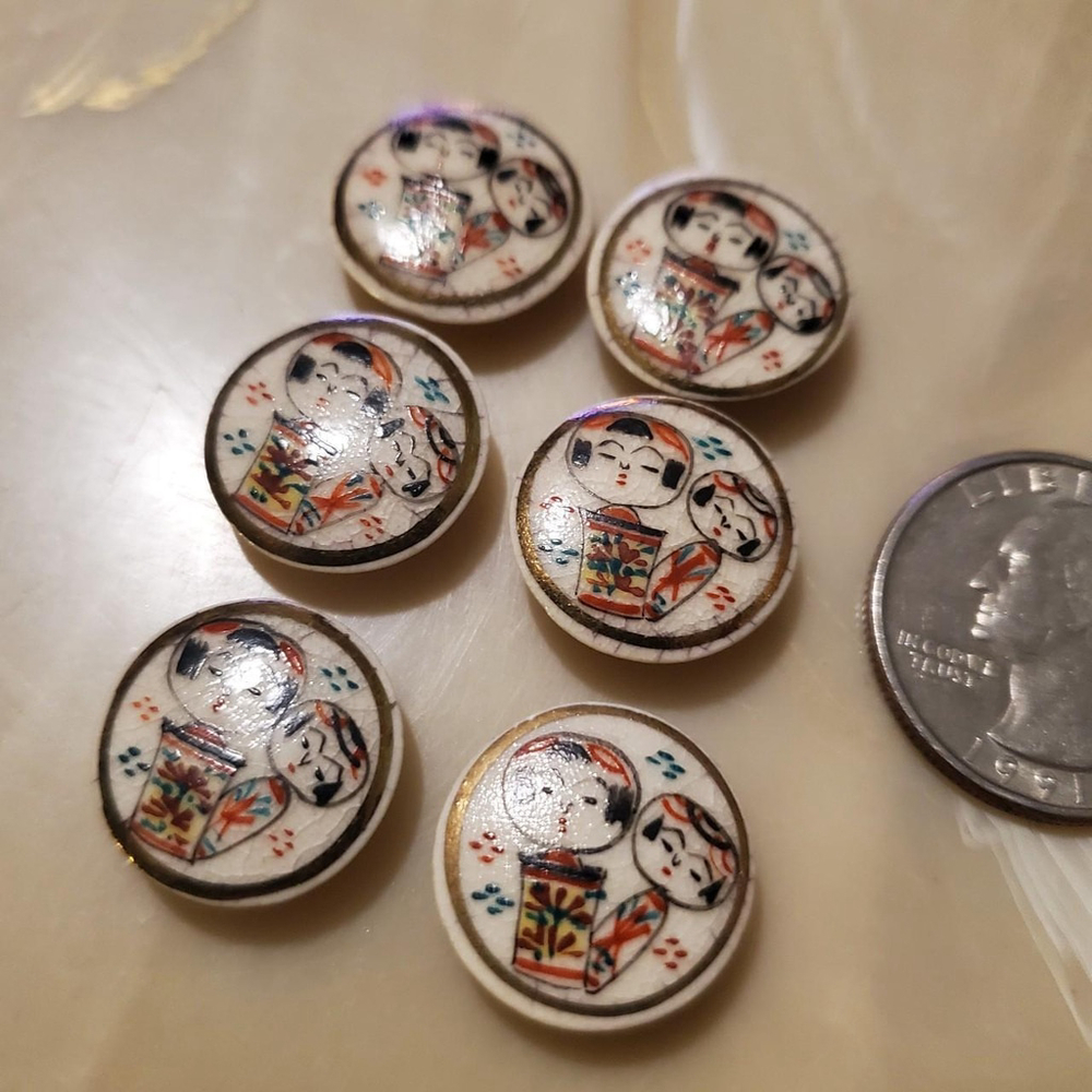 Vintage Mid Century Japanese Kokeshi Ceramic Buttons Set of 6